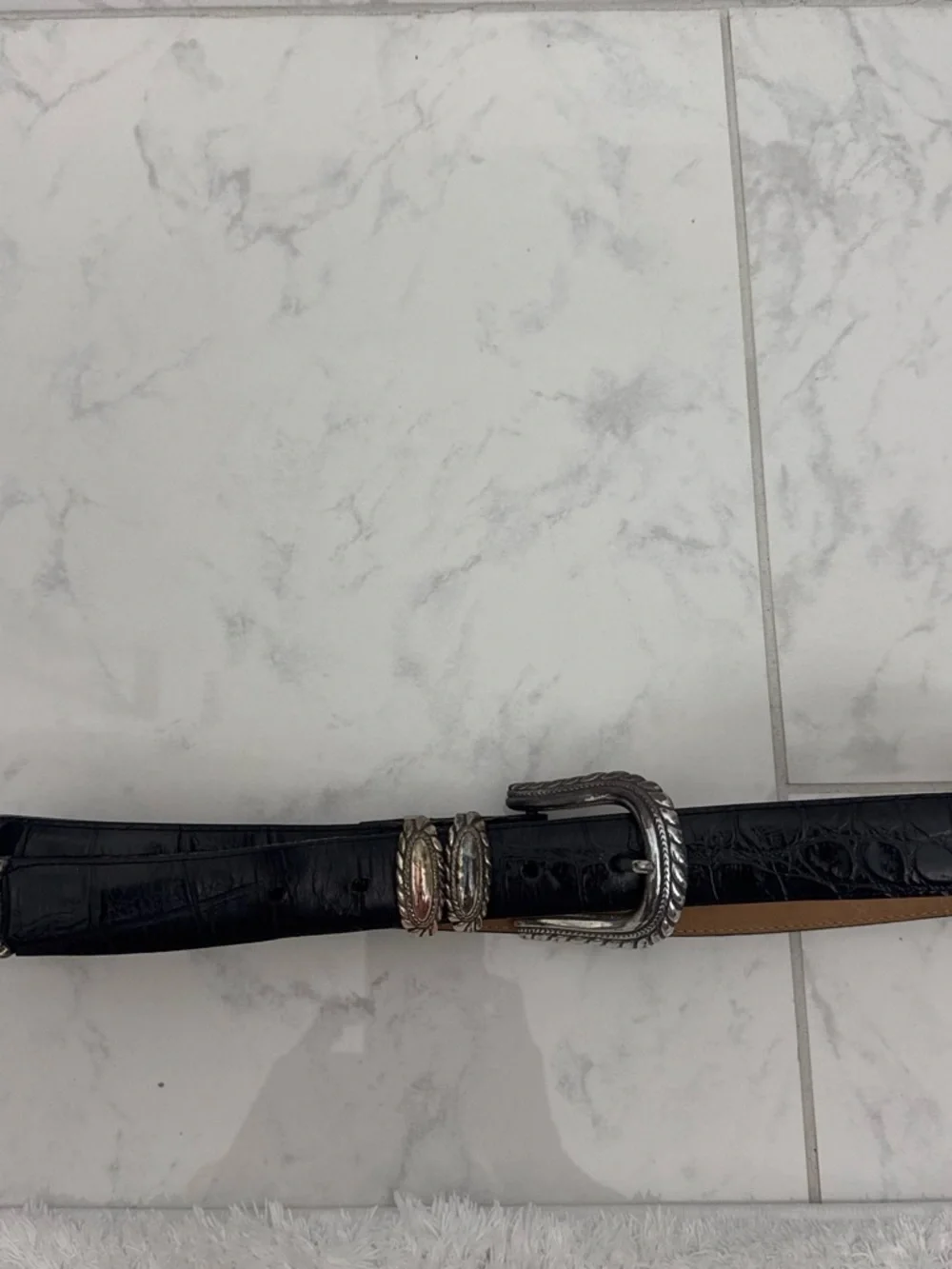 Brighton Black Croc-Embossed Leather Belt with Two-Tone Buckle